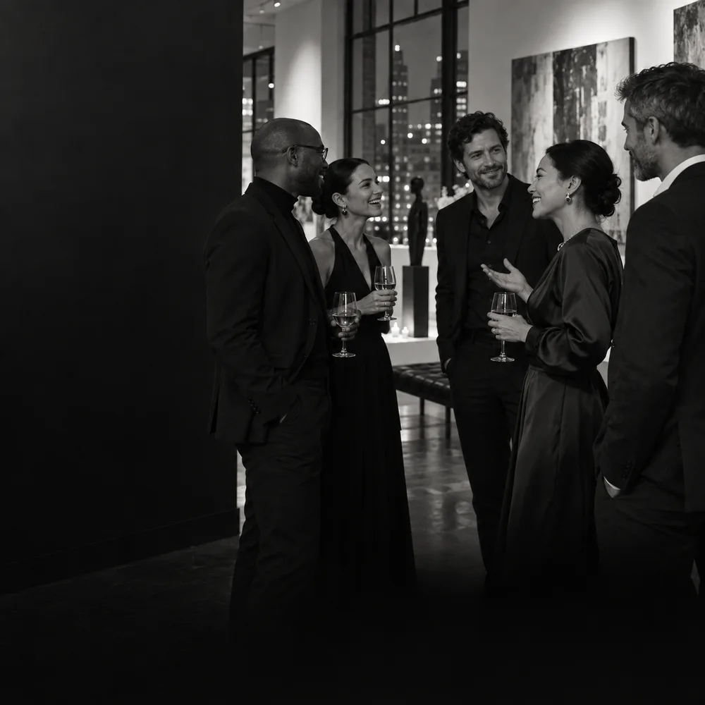Illustrative evening reception in a contemporary gallery